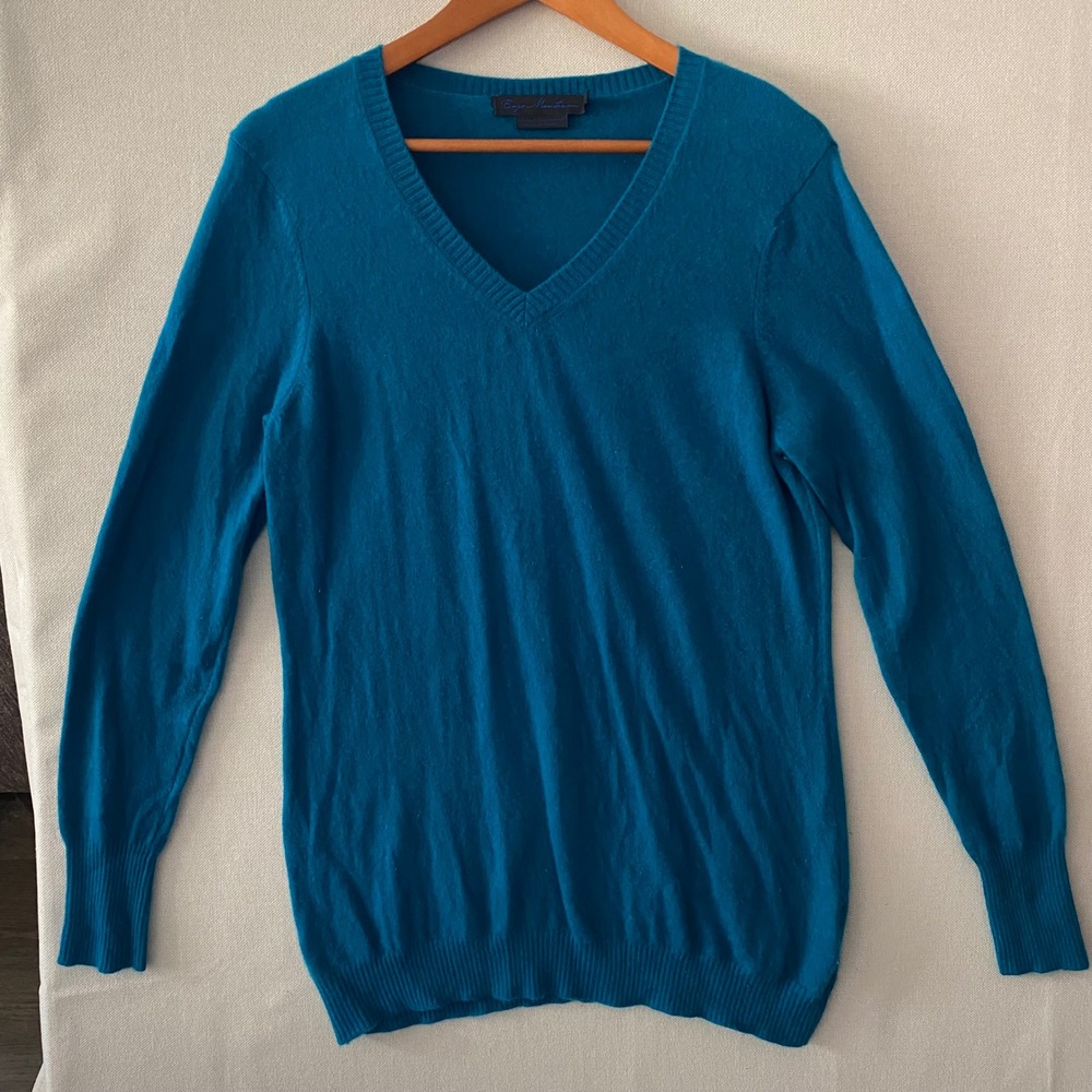 Enzo Mantovani 100% Cashmere V-Neck Sweater Teal Blue Womens XL 660721